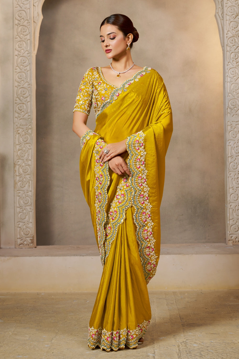 Yellow Silk Saree with Moti and Mirror Work