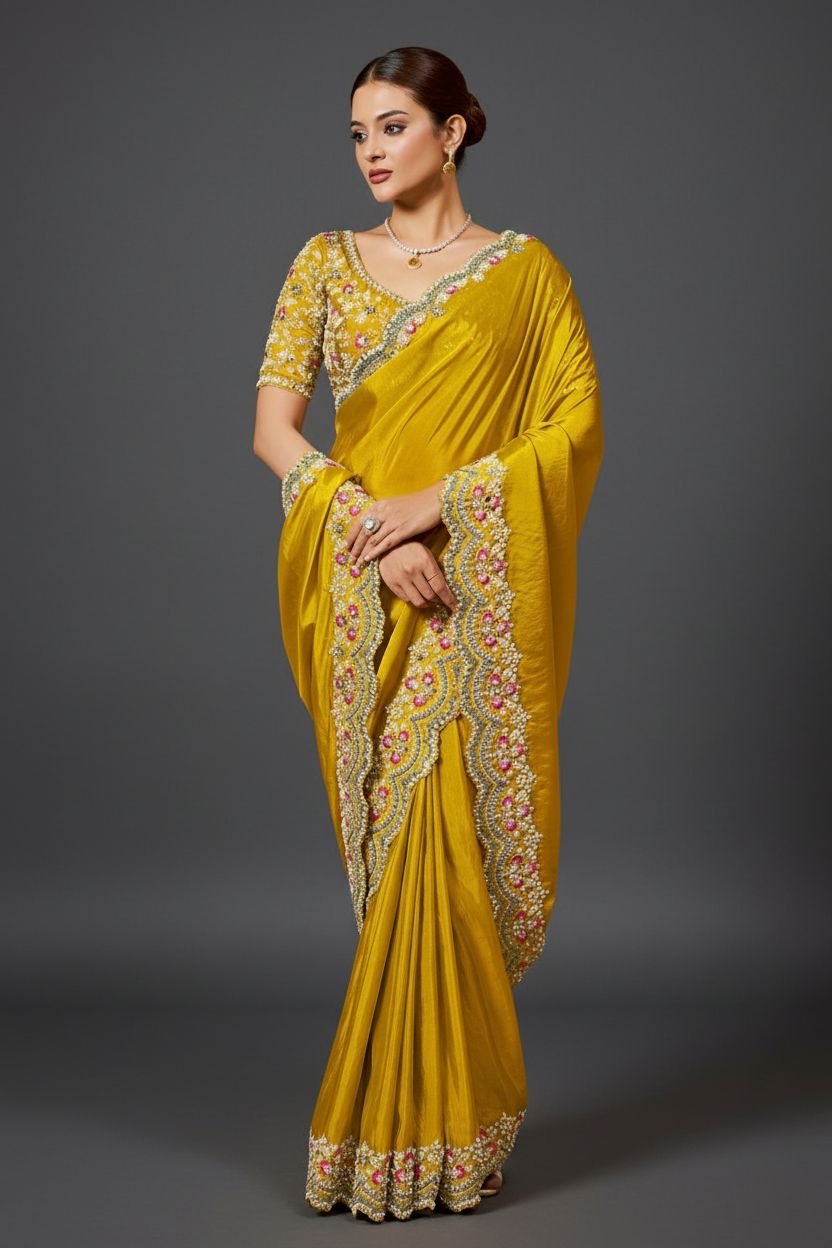 Yellow Silk Saree with Moti and Mirror Work