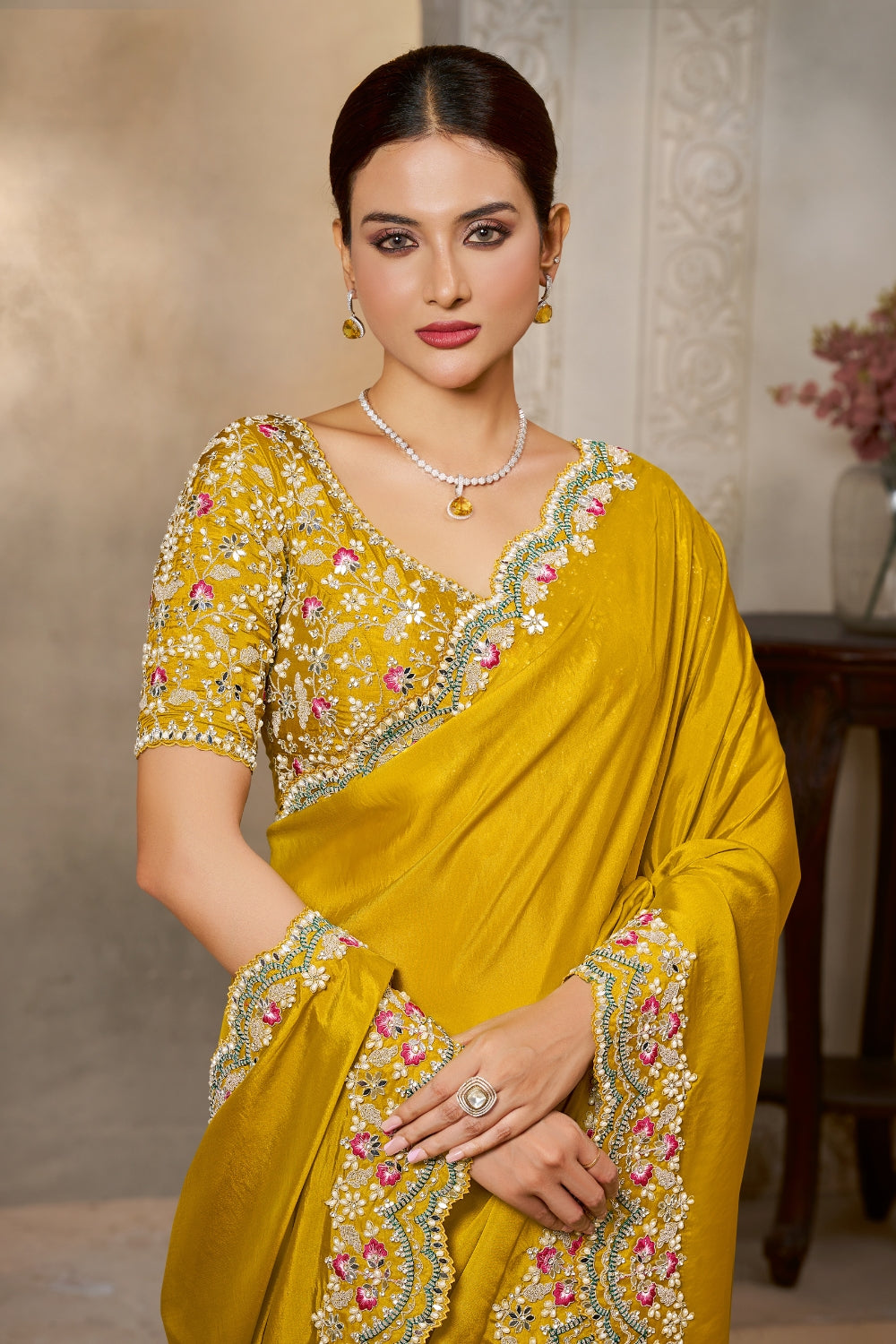 Yellow Silk Saree with Moti and Mirror Work