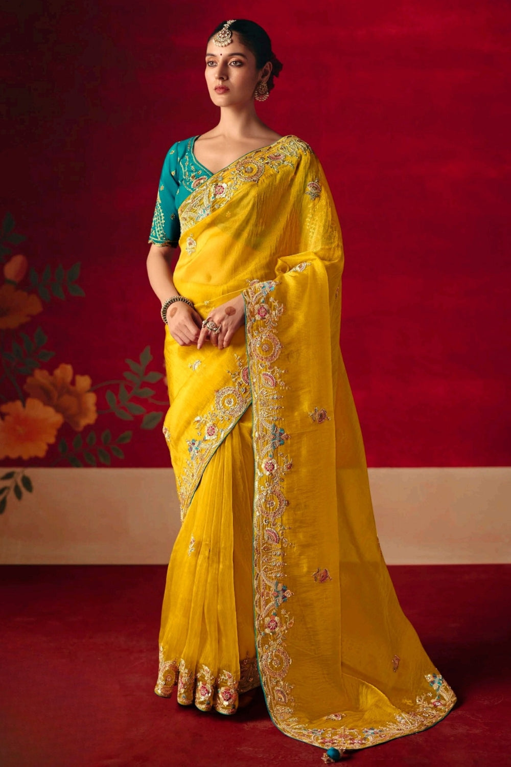 Yellow Silk Saree with Resham Embroidery and Stone Work