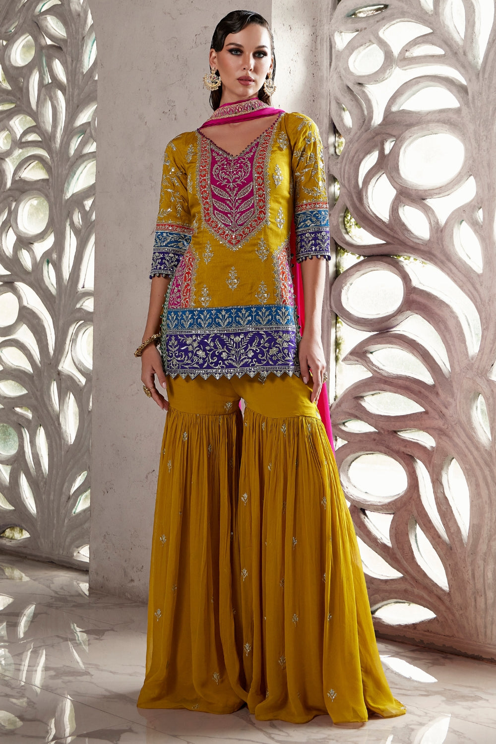Yellow Silk Sharara Set with Cutdana and Sequins Work