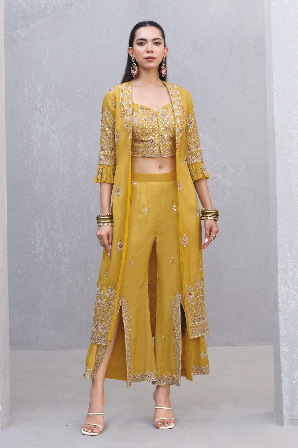 Yellow Tissue Hand Embroidered Indo-Western Jacket with Cut Palazzo