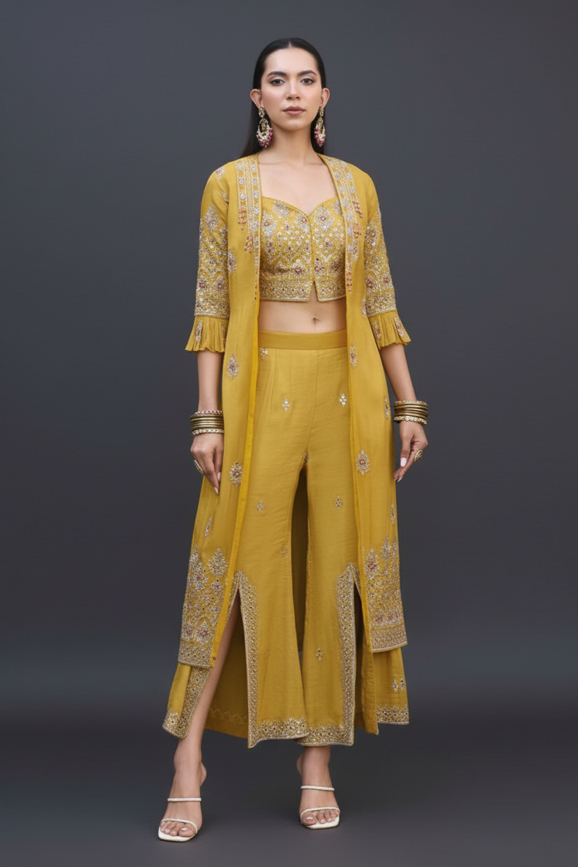 Yellow Tissue Hand Embroidered Indo-Western Jacket with Cut Palazzo