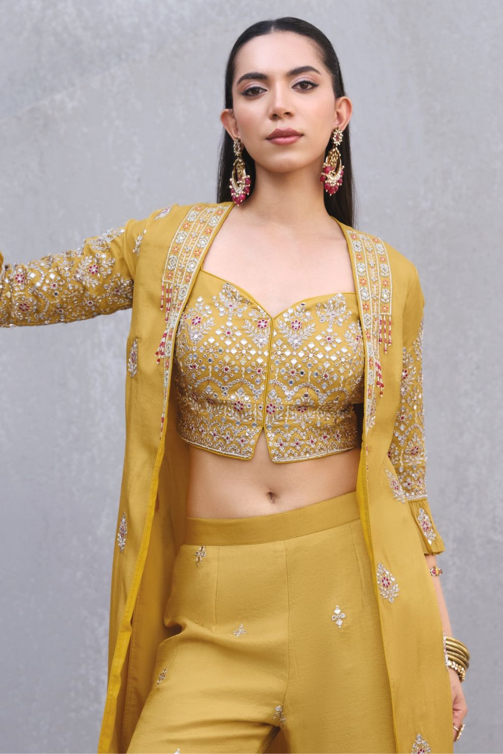 Yellow Tissue Hand Embroidered Indo-Western Jacket with Cut Palazzo