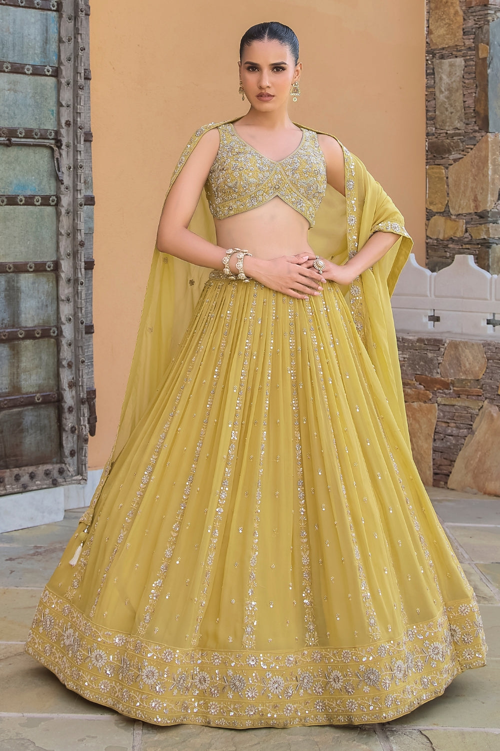Yellow Tissue Lehenga Set with Cutdana and Moti Work