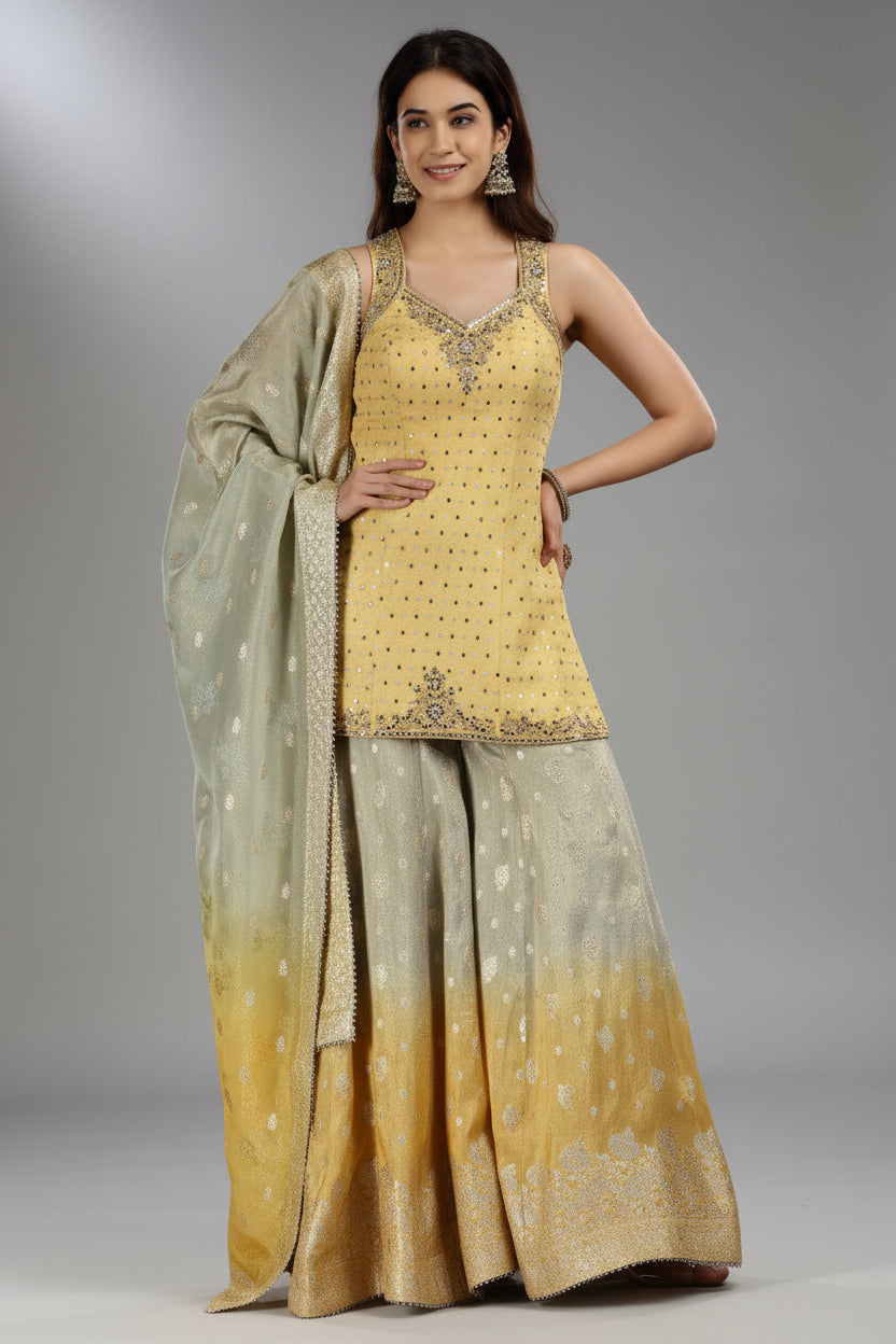 Yellow Tissue Palazzo Set with Mirror and Beads Work