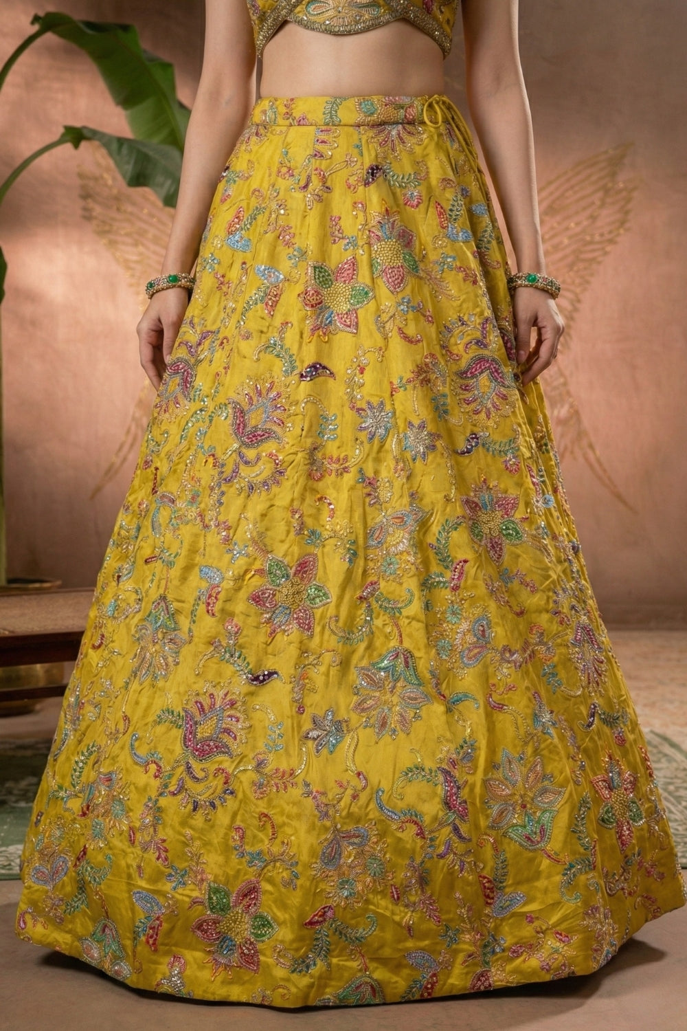 Yellow Tissue Silk Lehenga Set with Embroidery and Sequins Work