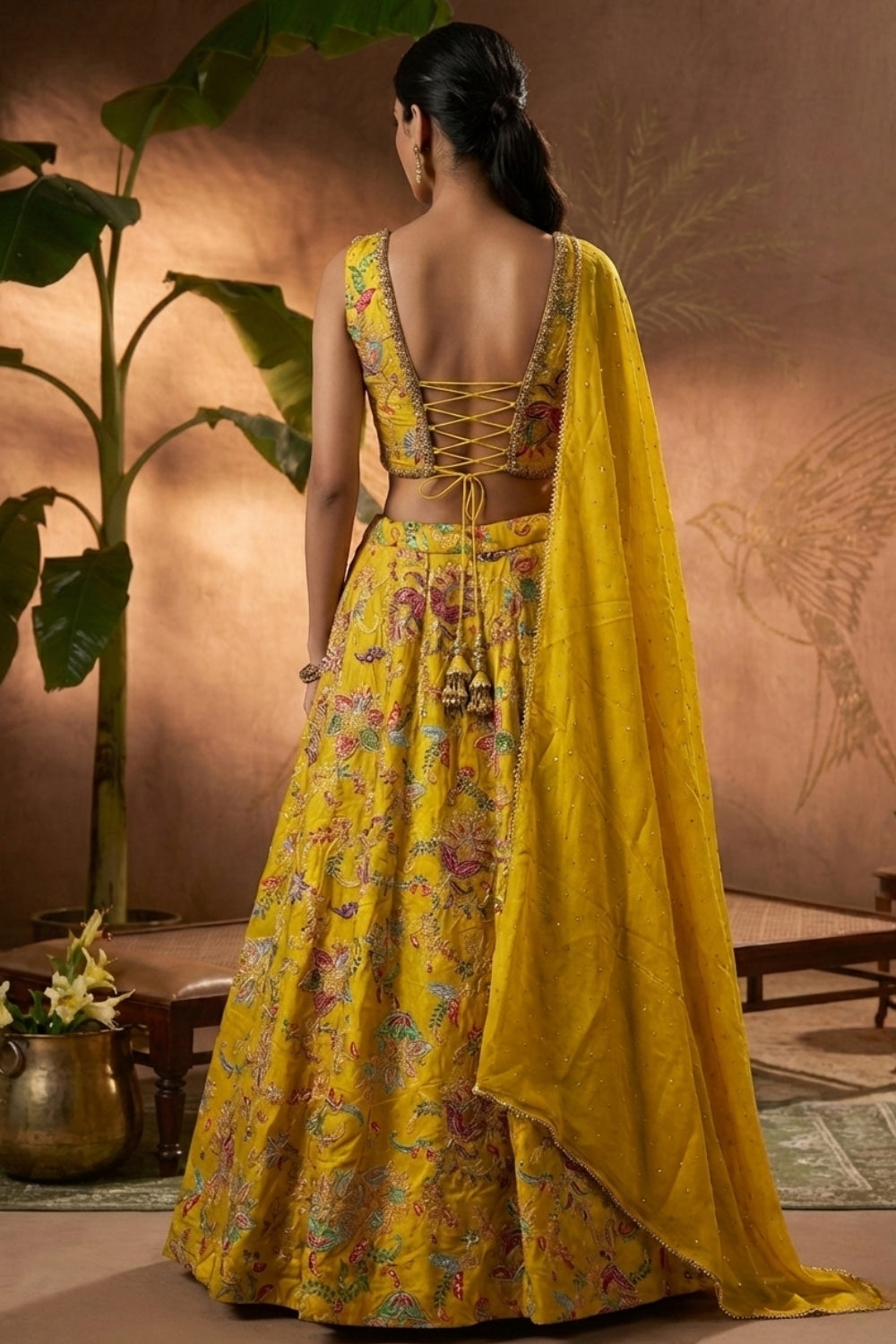 Yellow Tissue Silk Lehenga Set with Embroidery and Sequins Work