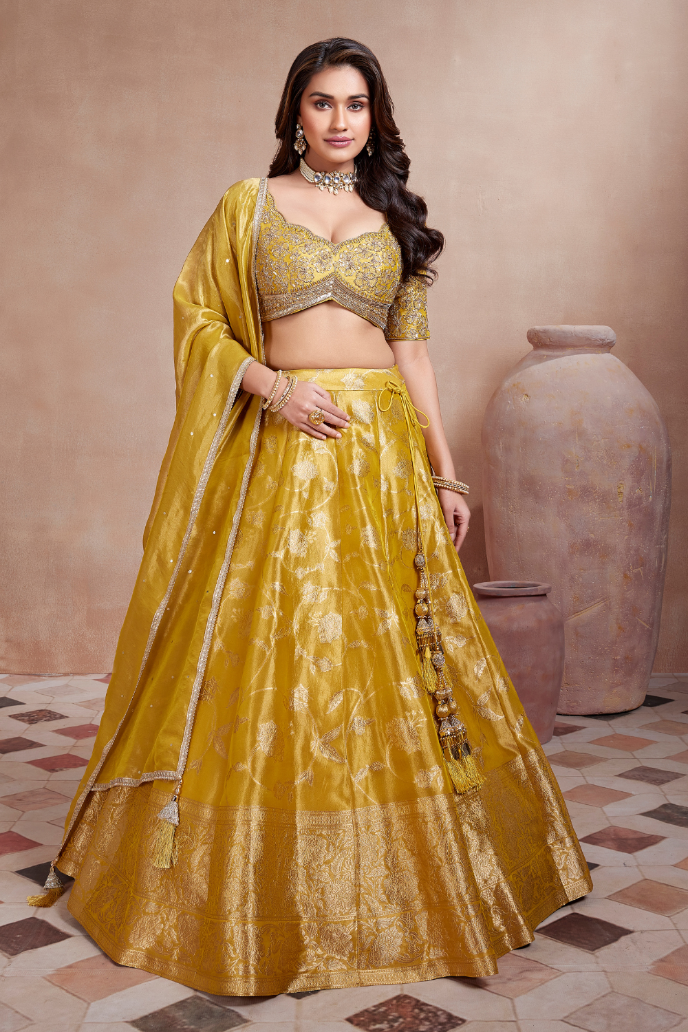 Yellow Tissue Zari Weave Lehenga With Scalloped Neckline Blouse