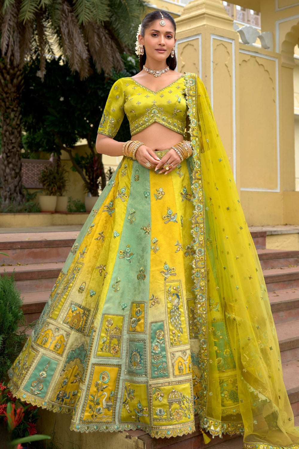 Yellow and Mint Green Lehenga Set with Sequins and Stone Work