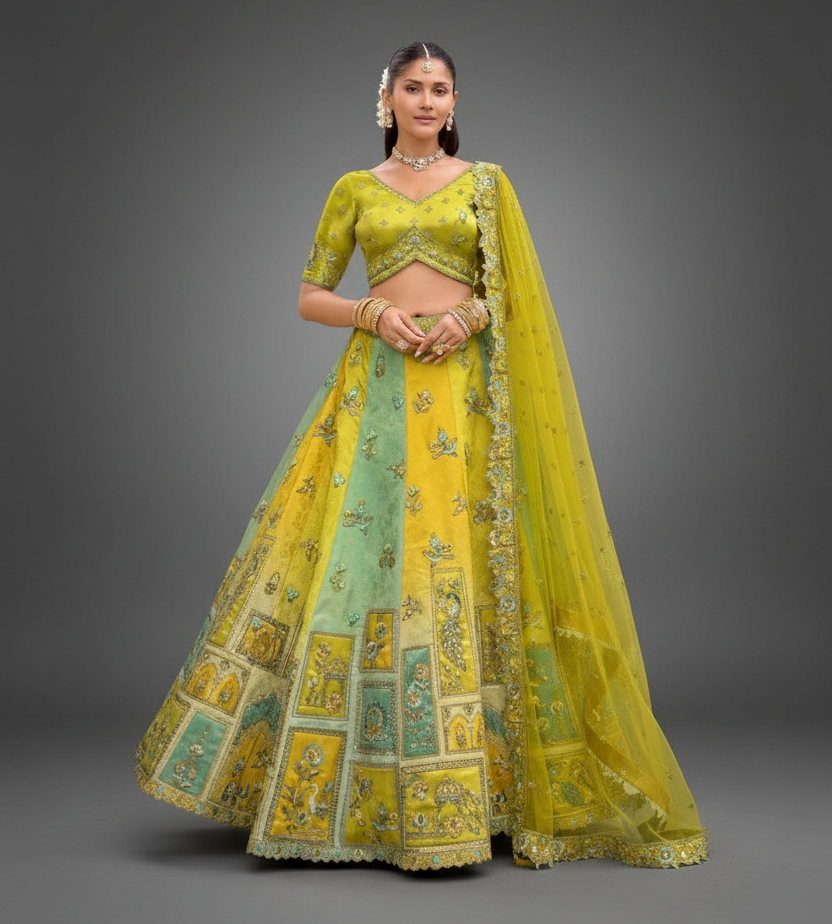 Yellow and Mint Green Lehenga Set with Sequins and Stone Work