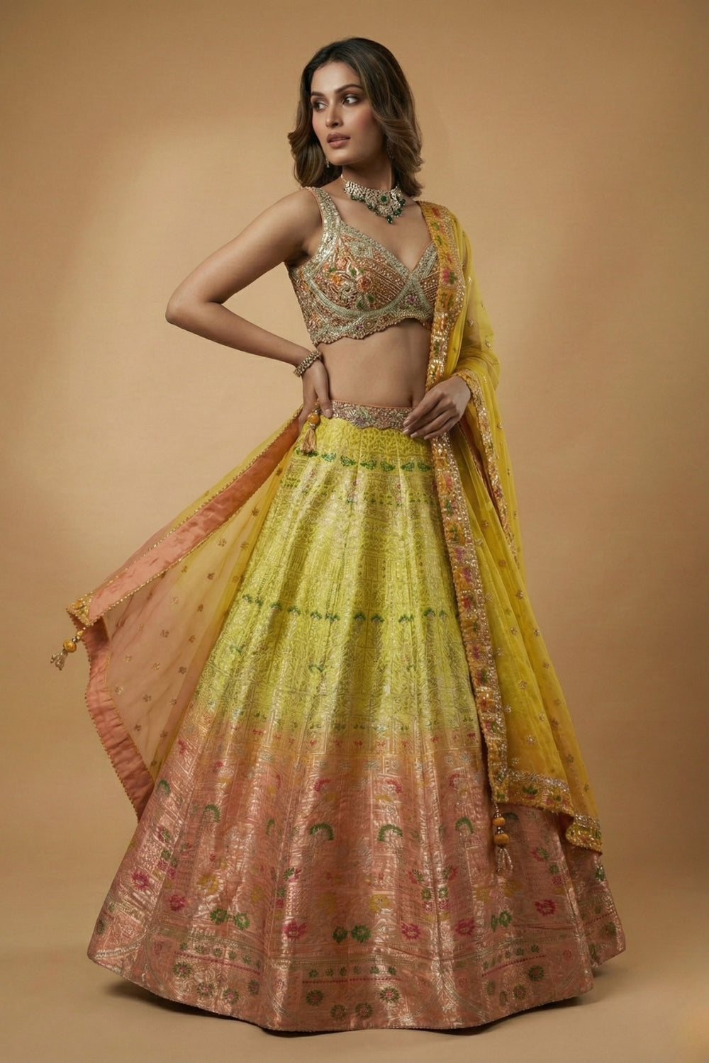 Yellow and Orange Ombre Banarsi Silk Lehenga Set with Cutdana and Moti Work