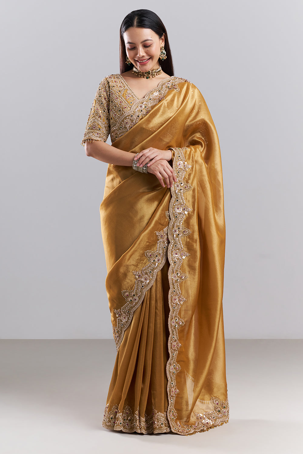 Antique Gold Embellished Border Saree and Unstitched Blouse