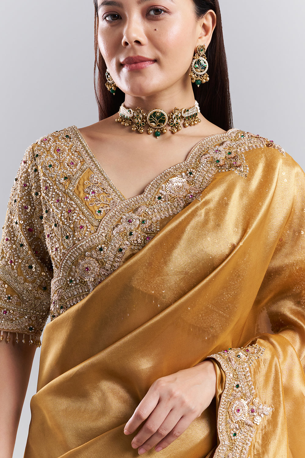 Antique Gold Embellished Border Saree and Unstitched Blouse