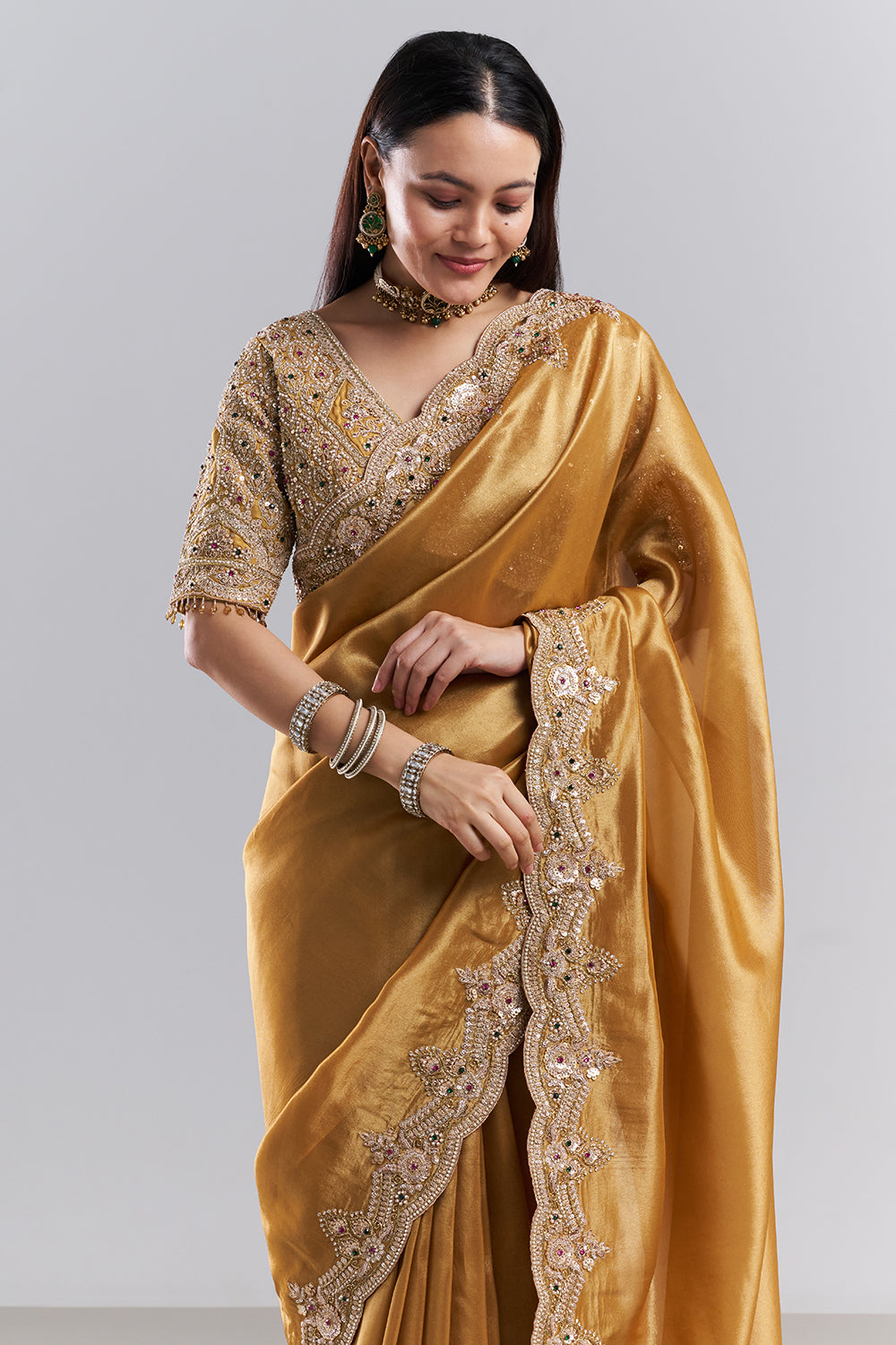 Antique Gold Embellished Border Saree and Unstitched Blouse