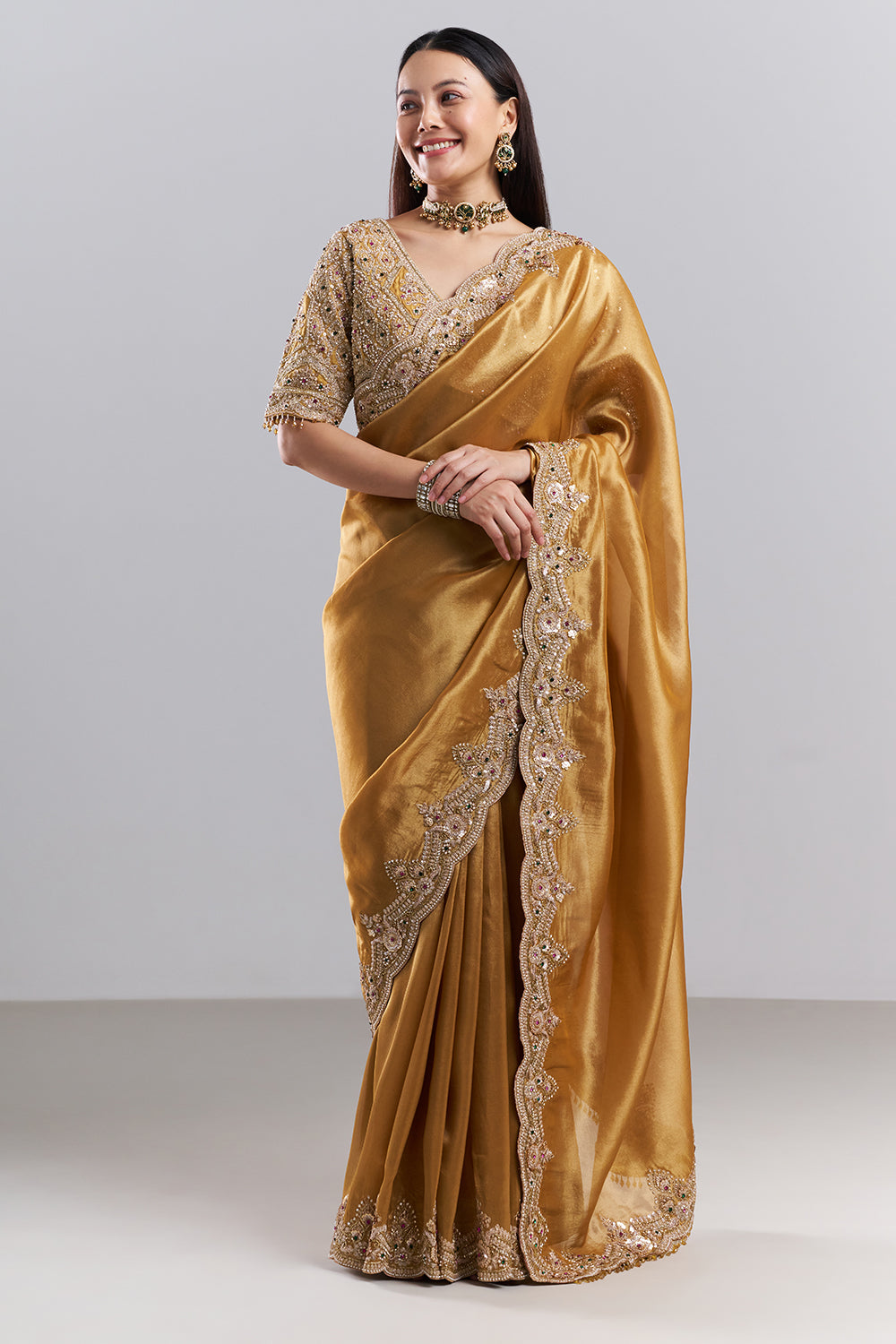 Antique Gold Embellished Border Saree and Unstitched Blouse