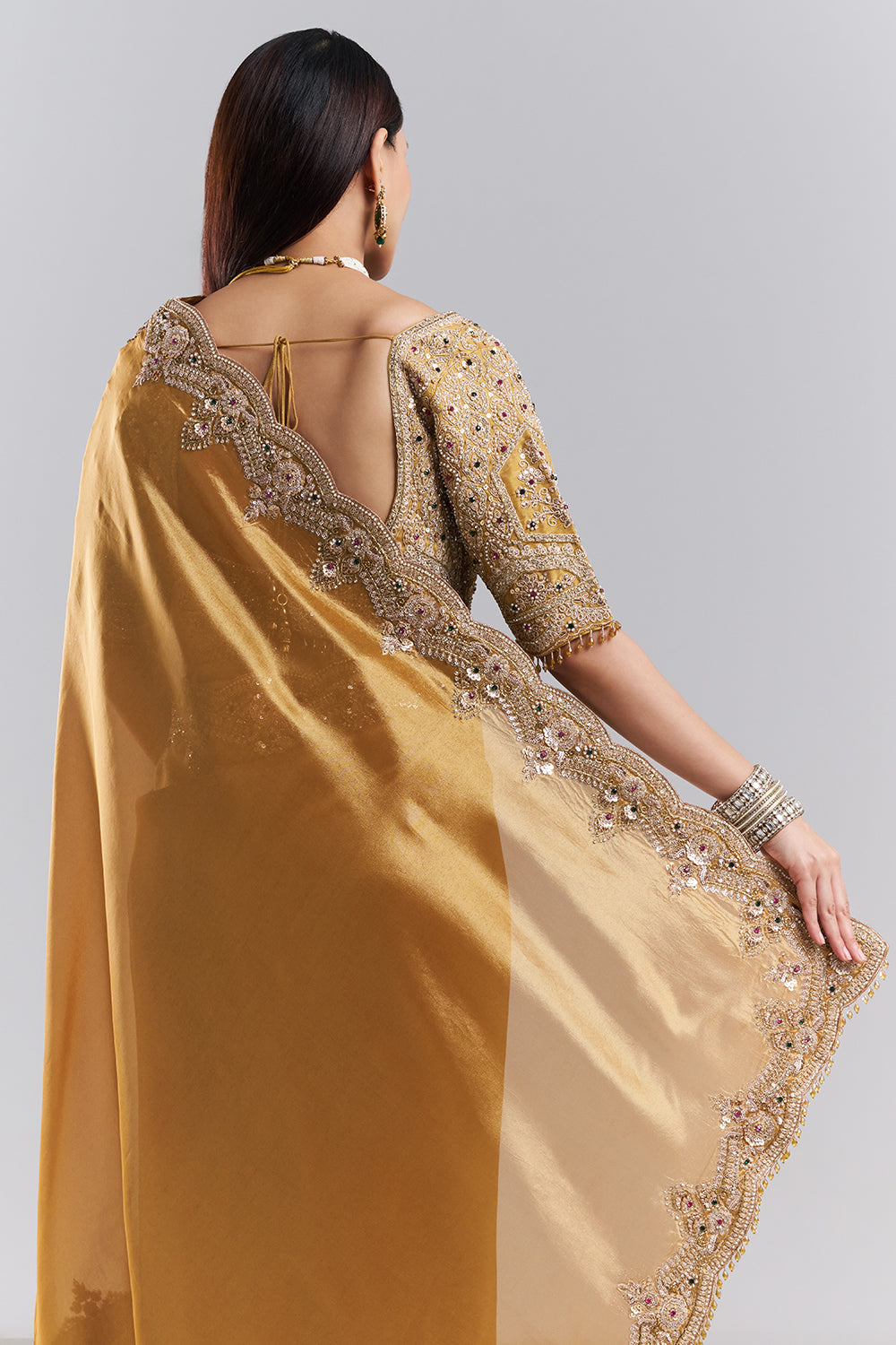 Antique Gold Embellished Border Saree and Unstitched Blouse