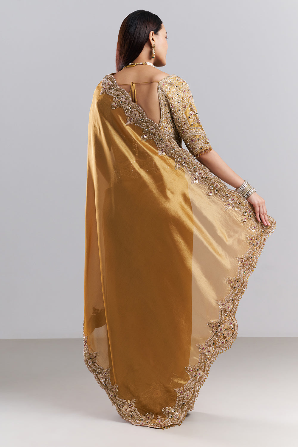 Antique Gold Embellished Border Saree and Unstitched Blouse
