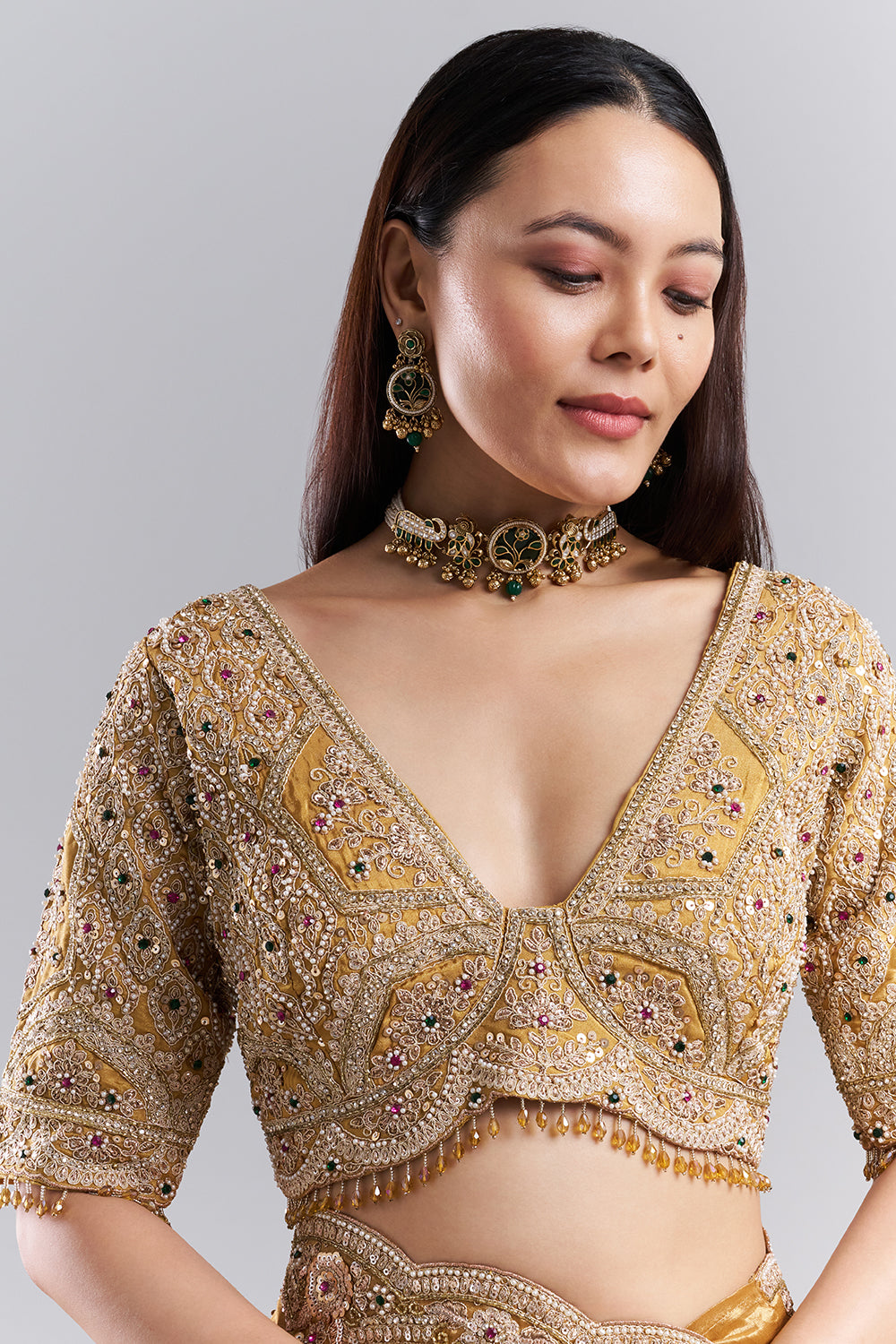 Antique Gold Embellished Border Saree and Unstitched Blouse