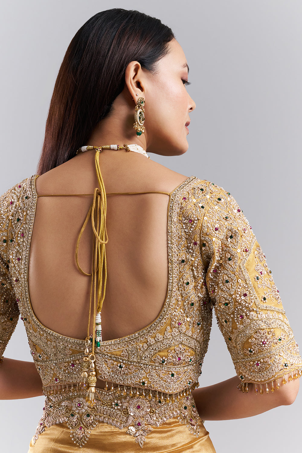 Antique Gold Embellished Border Saree and Unstitched Blouse