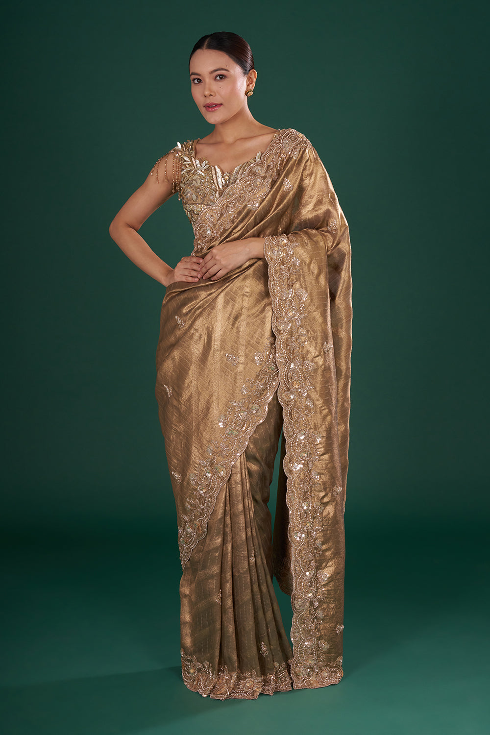 Antique Gold Embroidered Shimmer Zari Brocade Saree