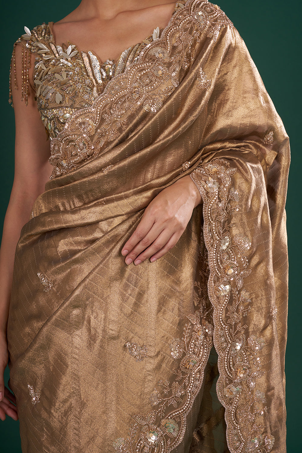 Antique Gold Embroidered Shimmer Zari Brocade Saree