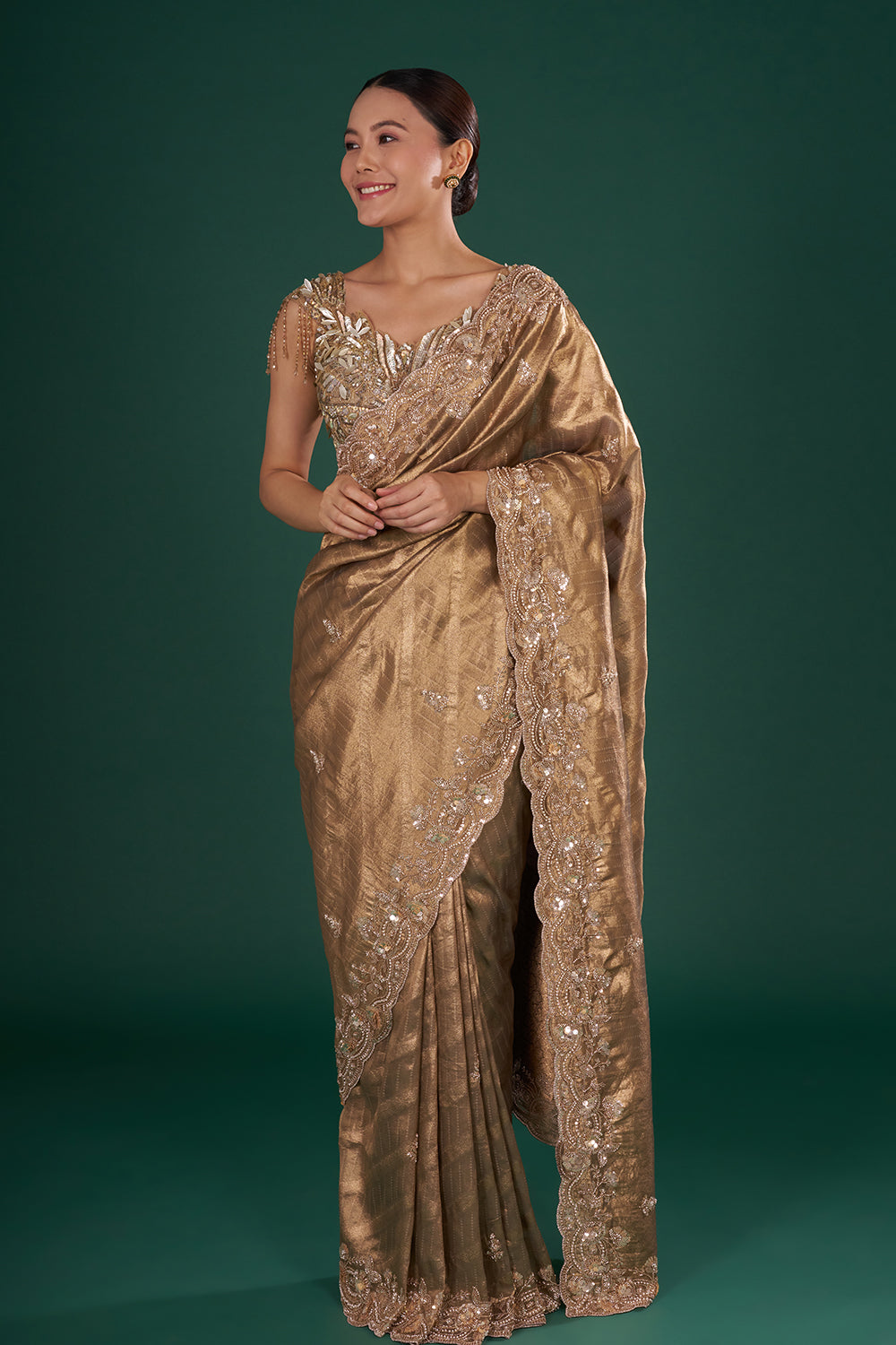 Antique Gold Embroidered Shimmer Zari Brocade Saree
