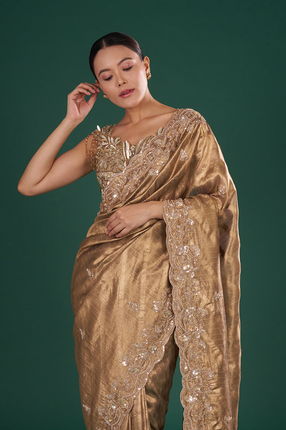 Antique Gold Embroidered Shimmer Zari Brocade Saree
