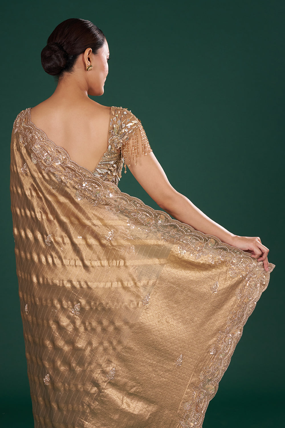 Antique Gold Embroidered Shimmer Zari Brocade Saree