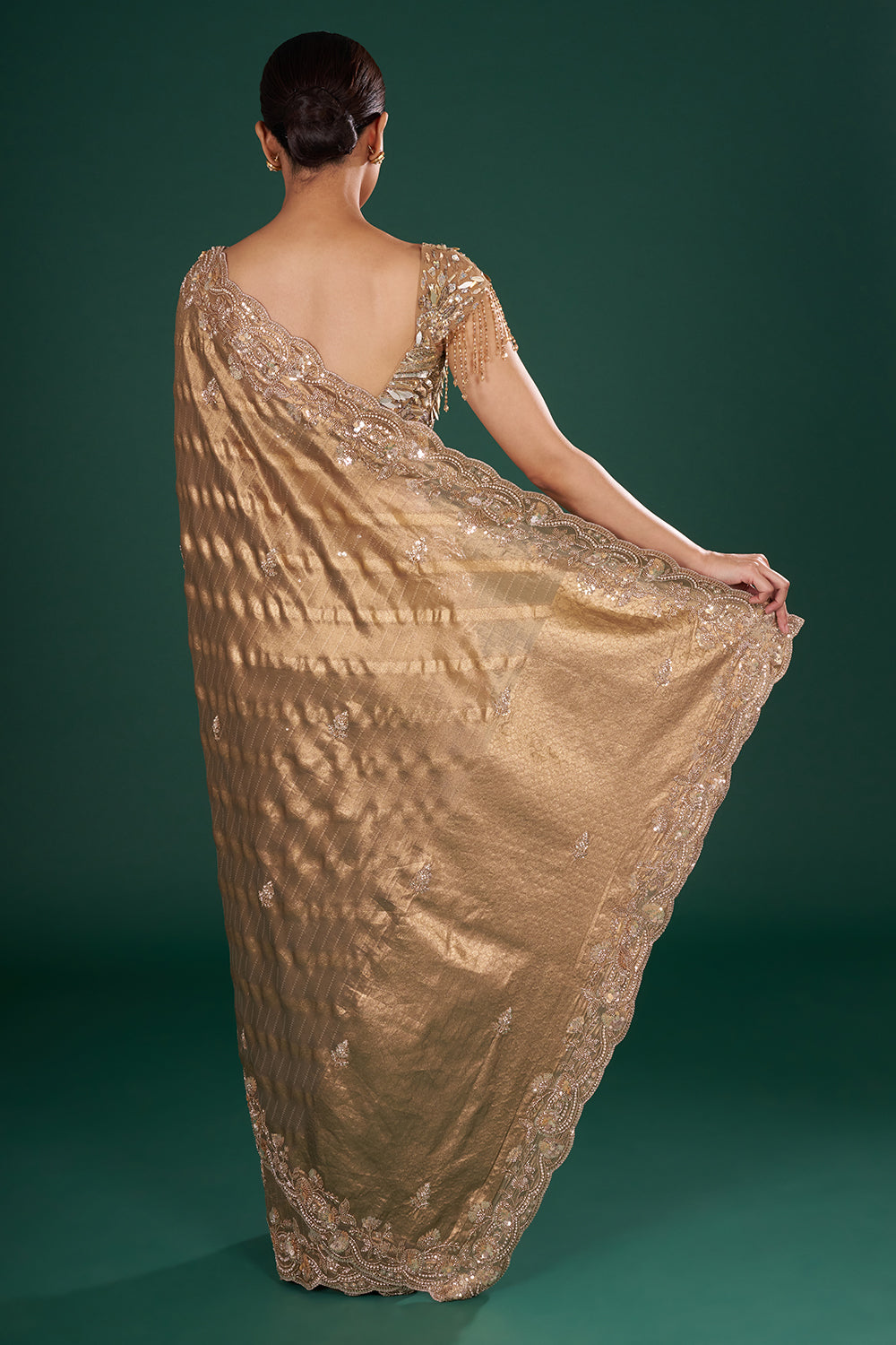 Antique Gold Embroidered Shimmer Zari Brocade Saree