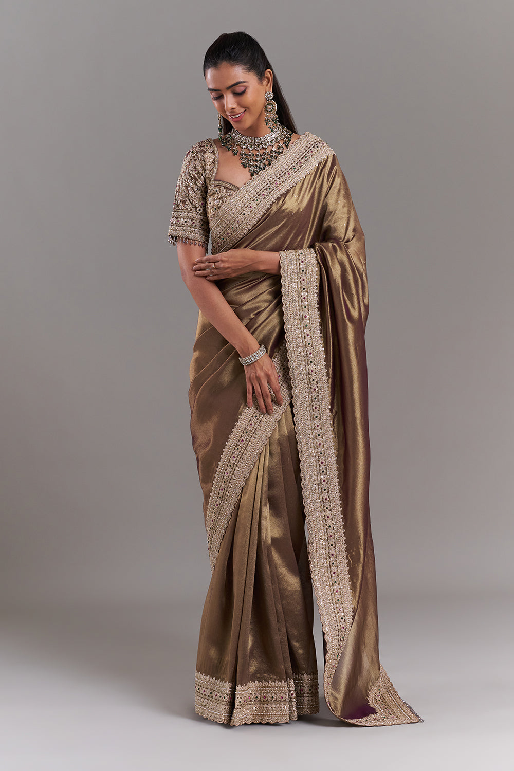 Antique Gold Shimmer Tissue Saree with Embellished Border