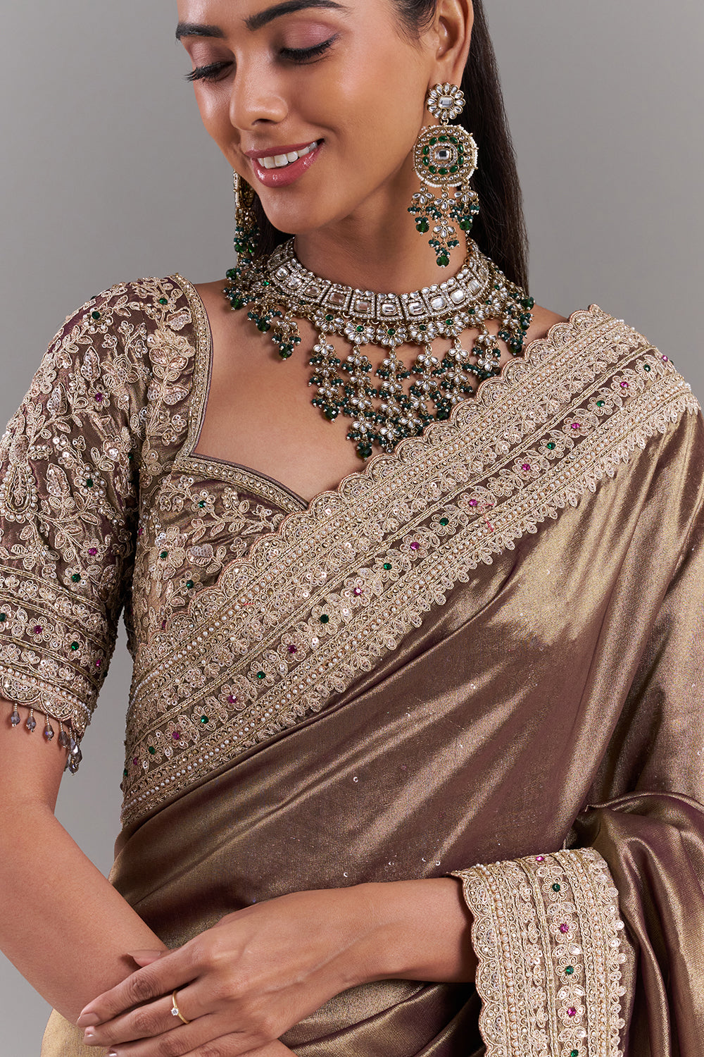 Antique Gold Shimmer Tissue Saree with Embellished Border