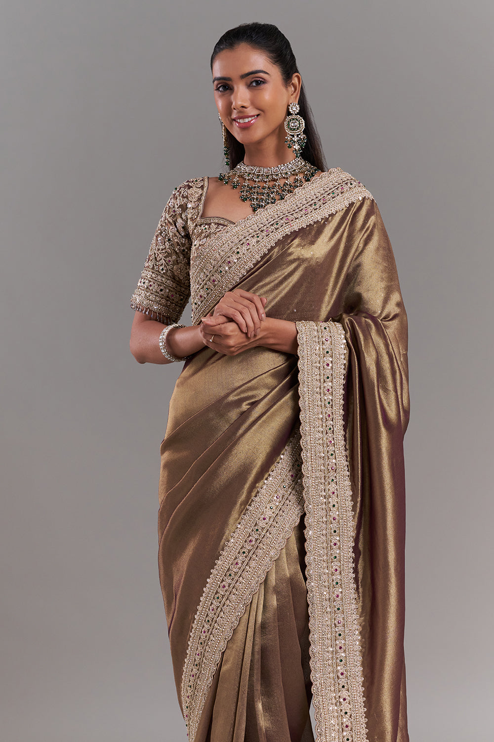 Antique Gold Shimmer Tissue Saree with Embellished Border