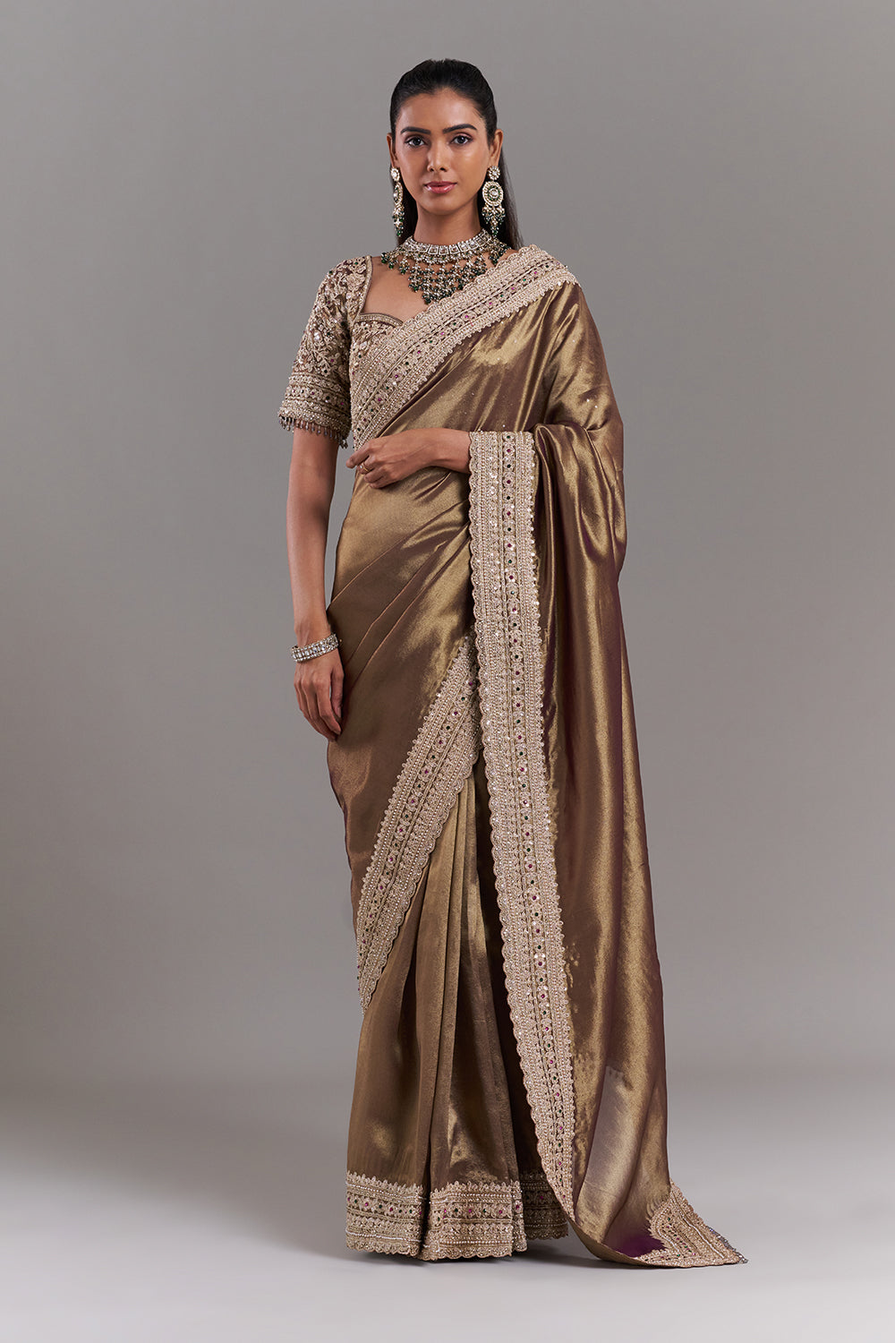 Antique Gold Shimmer Tissue Saree with Embellished Border