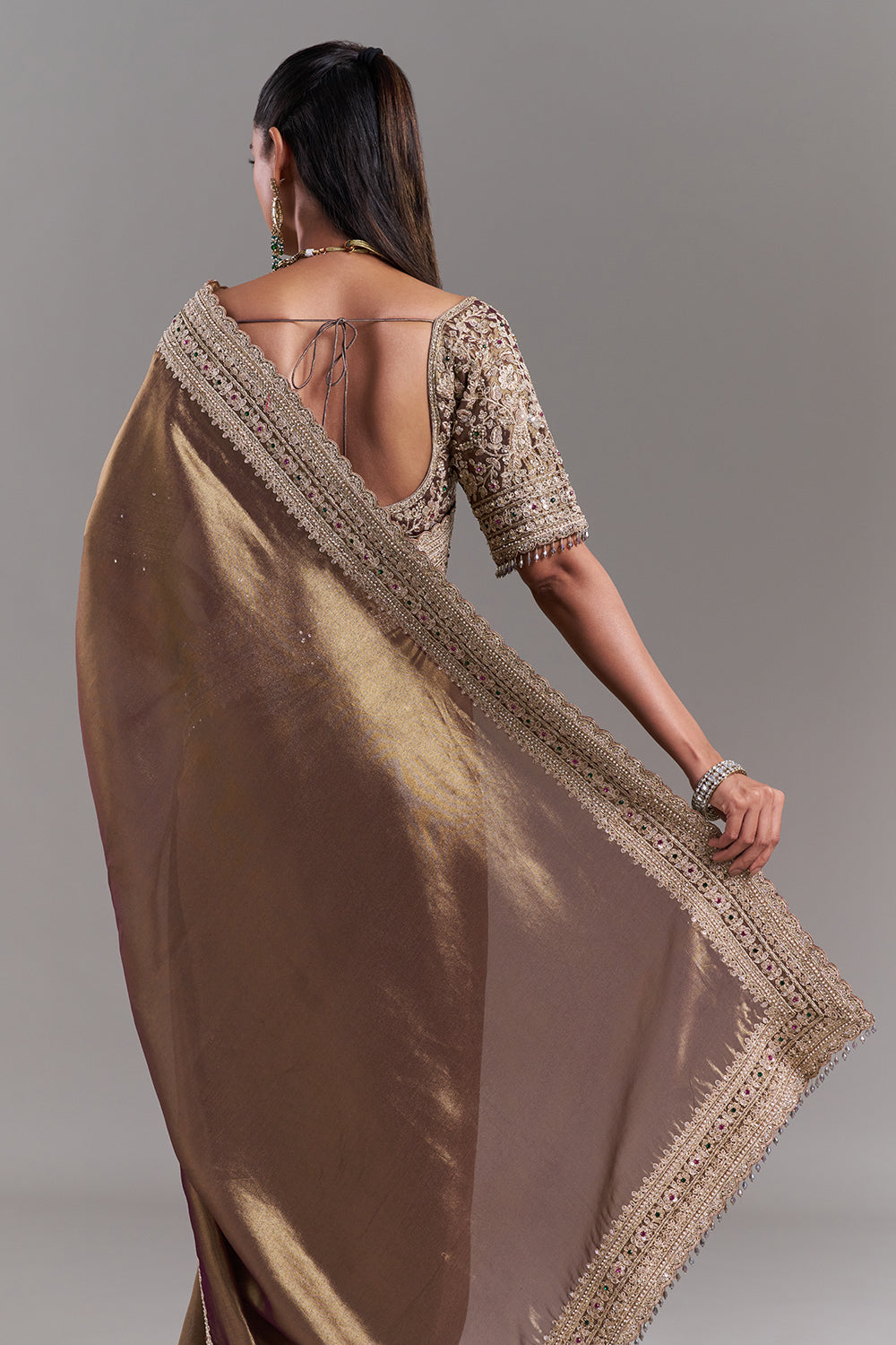 Antique Gold Shimmer Tissue Saree with Embellished Border