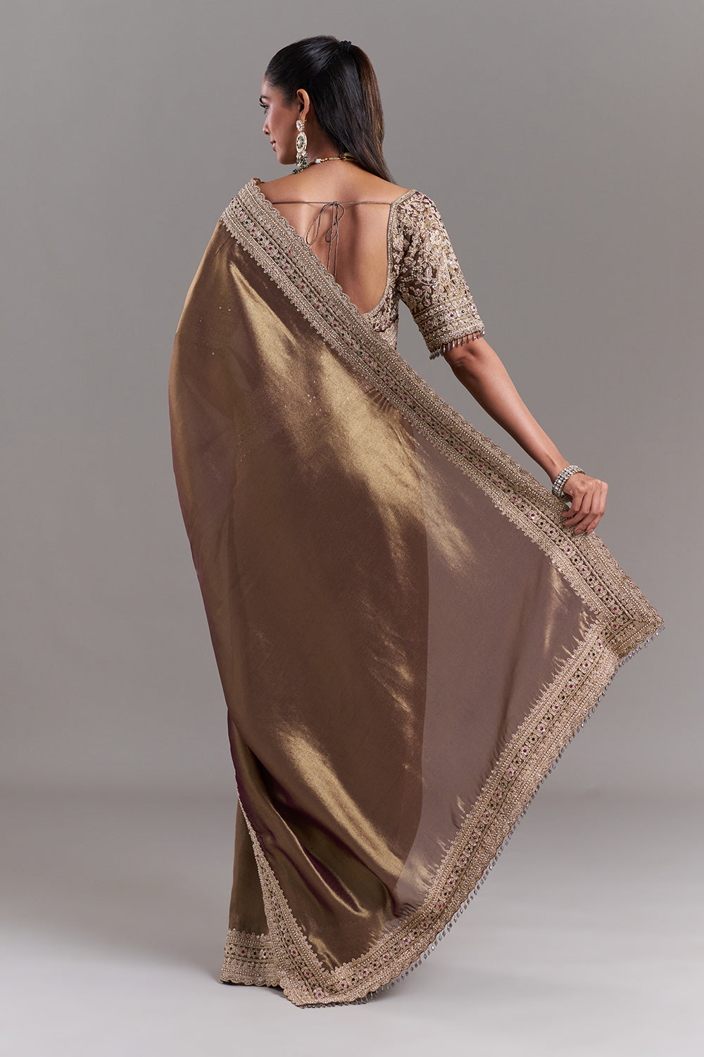 Antique Gold Shimmer Tissue Saree with Embellished Border