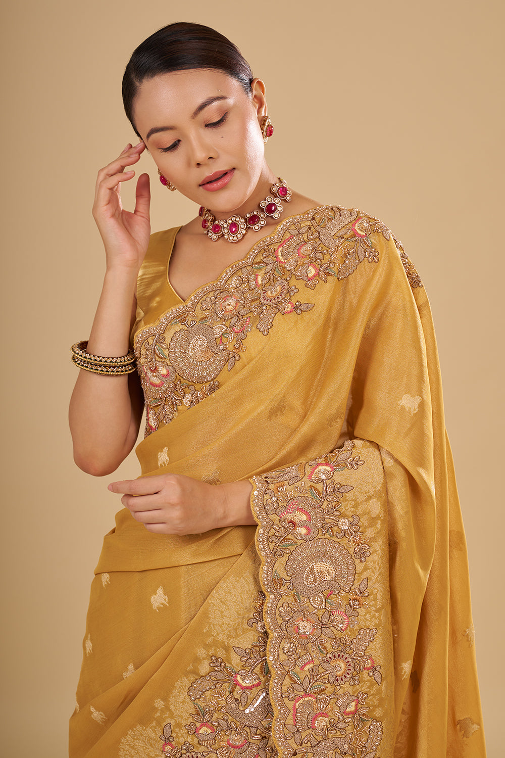 Antique Gold Tissue Saree with Zardozi Border and Unstitched Blouse