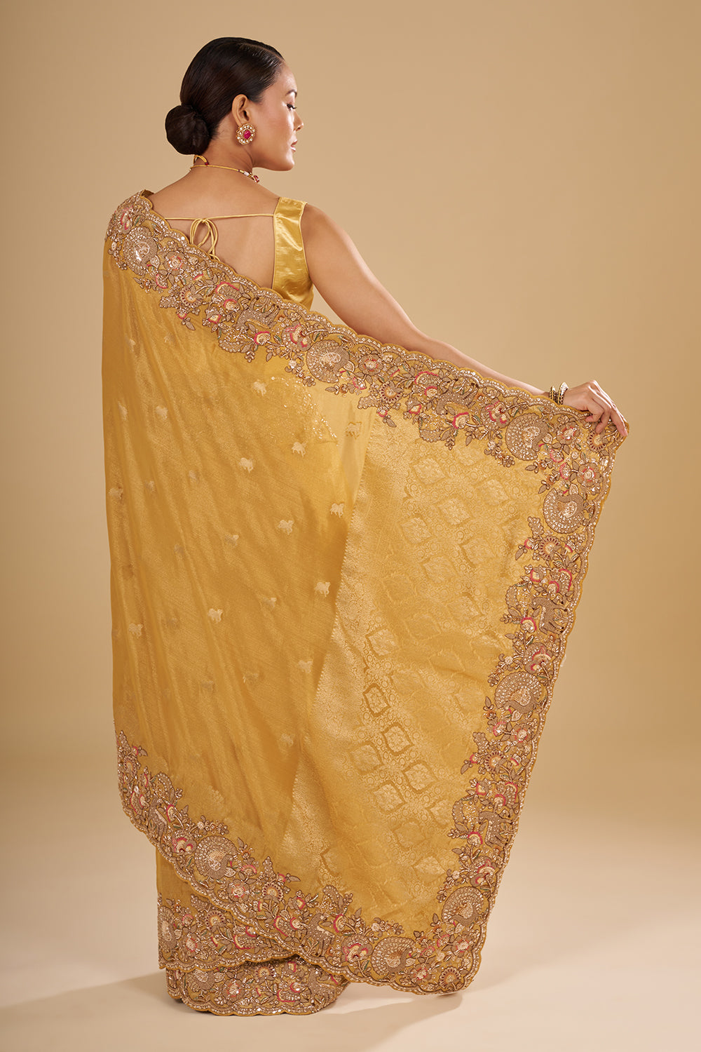 Antique Gold Tissue Saree with Zardozi Border and Unstitched Blouse