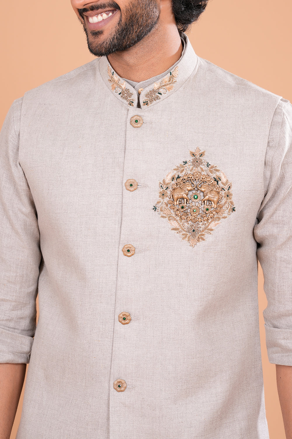 Ash Grey Embroidered Bundi Set