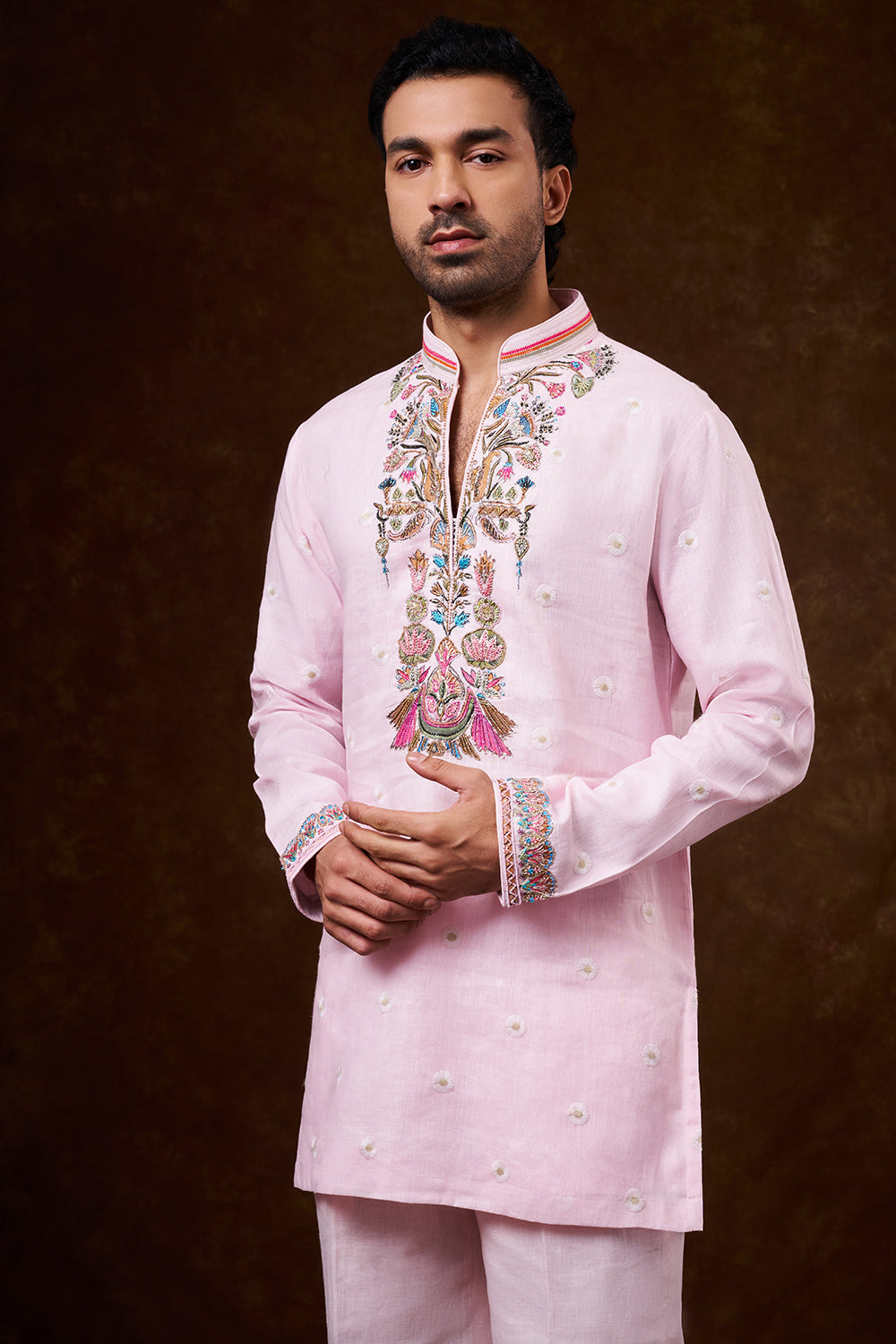 Baby Pink Linen Men's Kurta Jacket Set with Brush-Painted Detailing