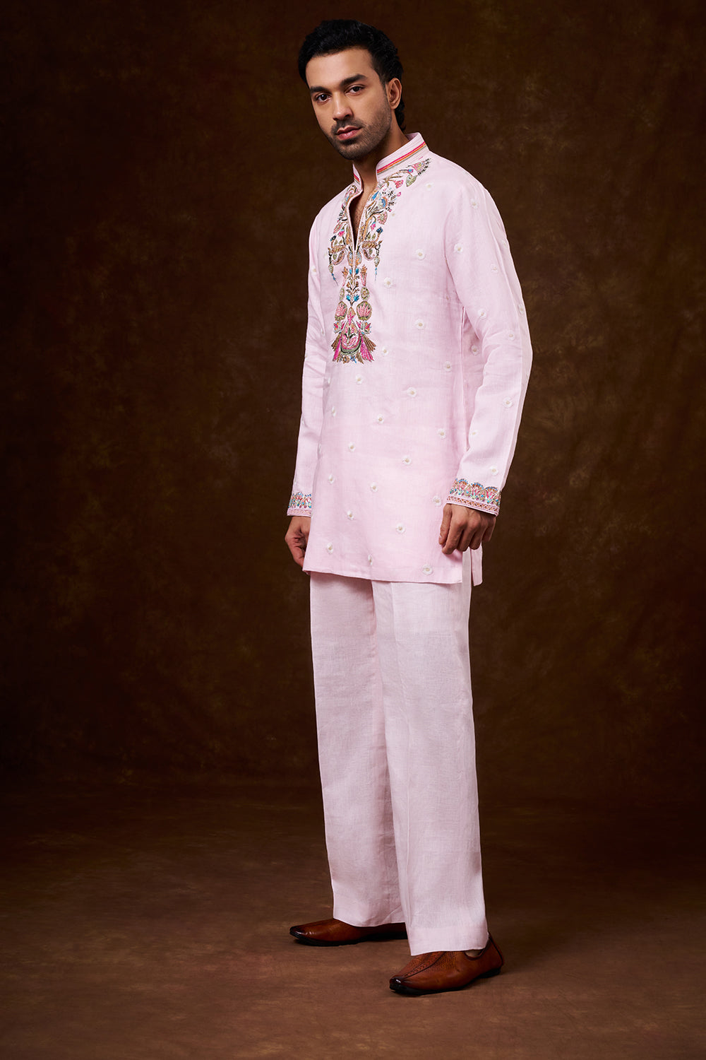 Baby Pink Linen Men's Kurta Jacket Set with Brush-Painted Detailing