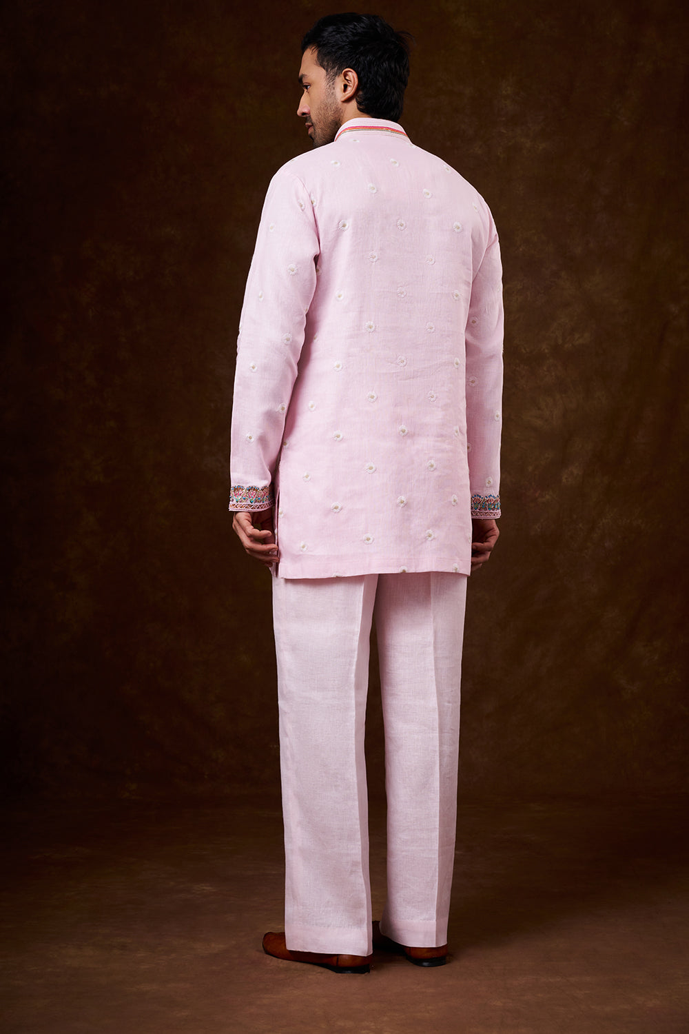 Baby Pink Linen Men's Kurta Jacket Set with Brush-Painted Detailing