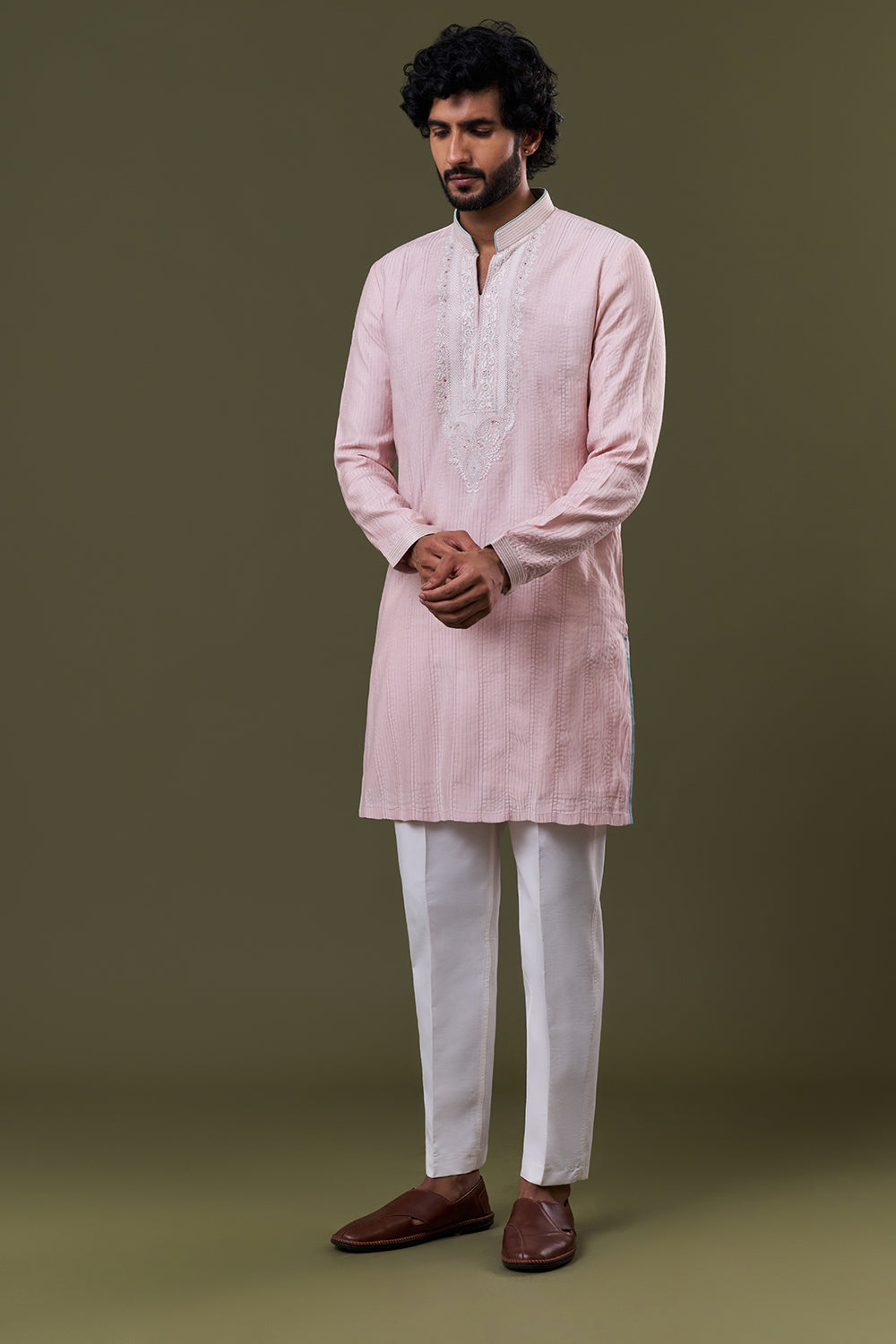 Baby Pink Polyester Cotton Resham Stone Kurta Set