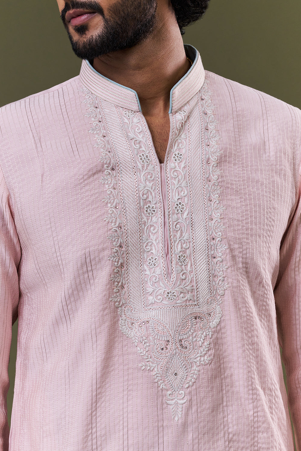 Baby Pink Polyester Cotton Resham Stone Kurta Set