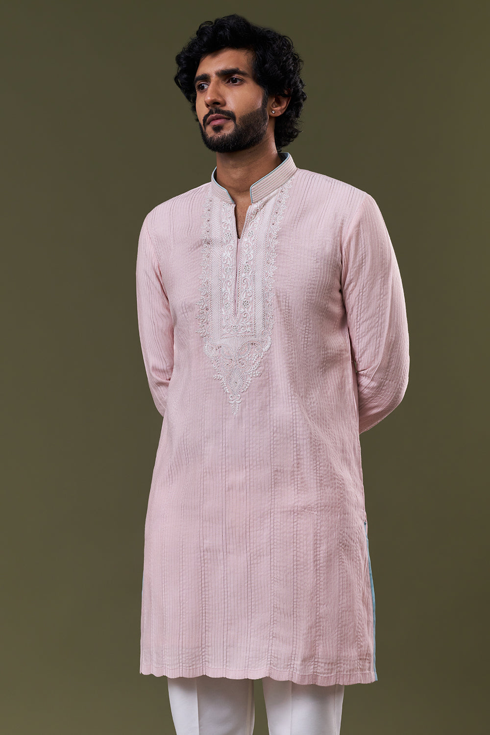 Baby Pink Polyester Cotton Resham Stone Kurta Set