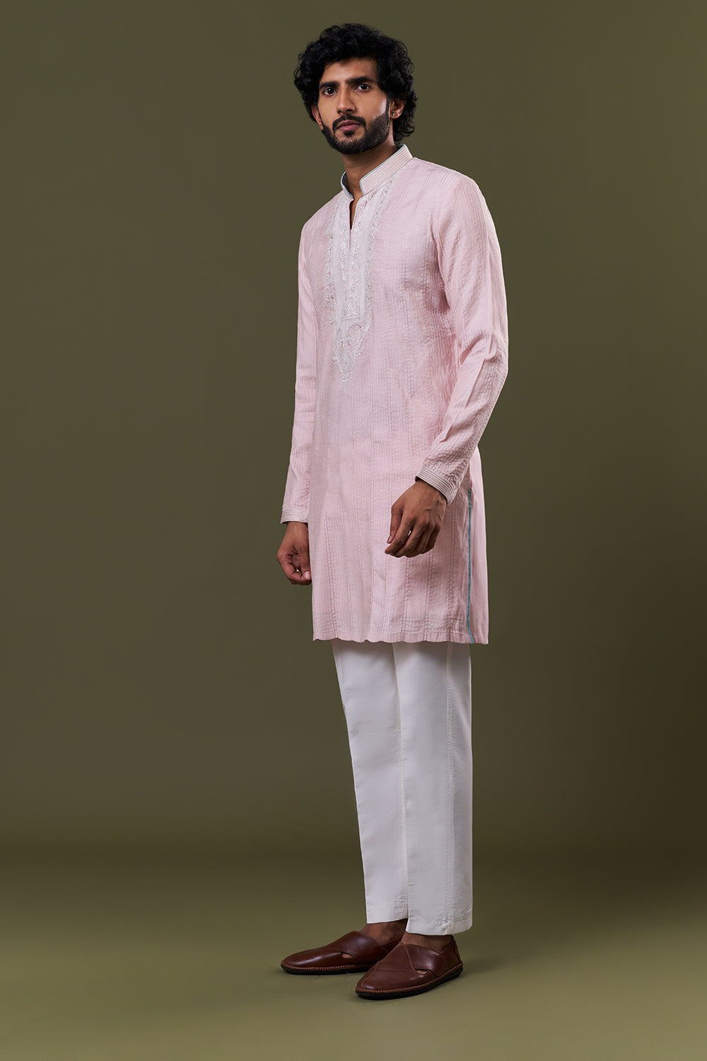 Baby Pink Polyester Cotton Resham Stone Kurta Set