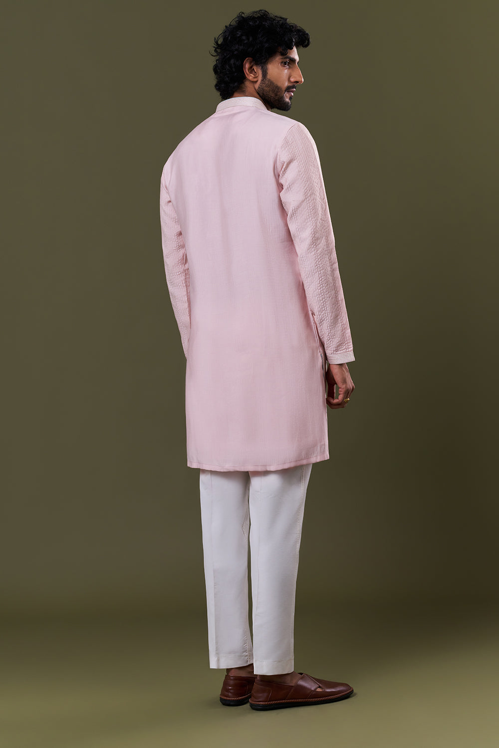 Baby Pink Polyester Cotton Resham Stone Kurta Set