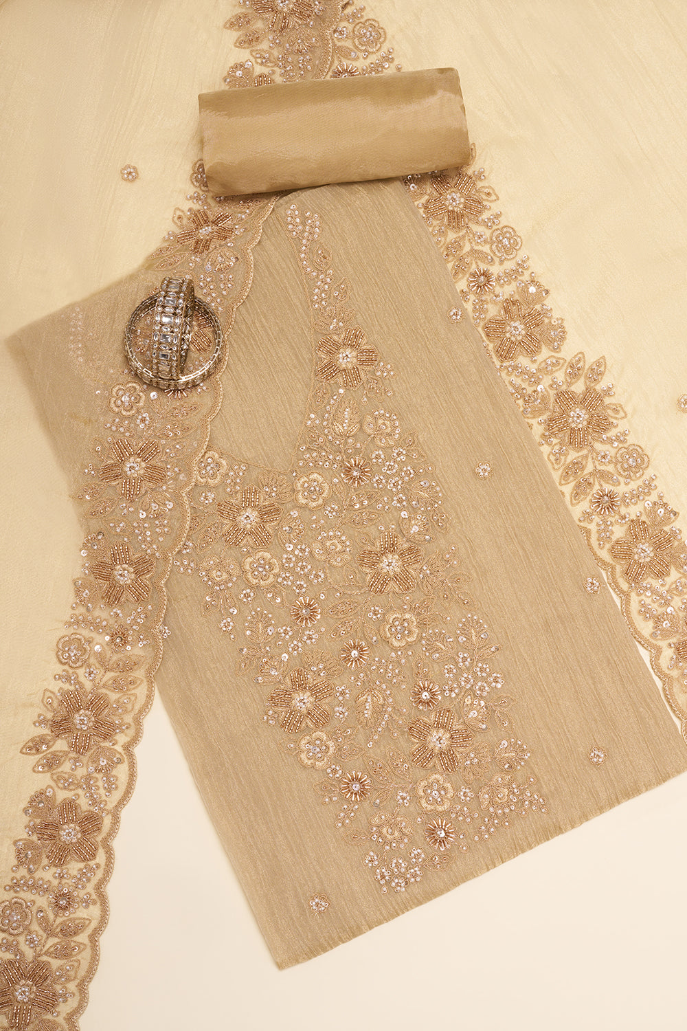 Beige Floral Embroidered Unstitched Dress Set