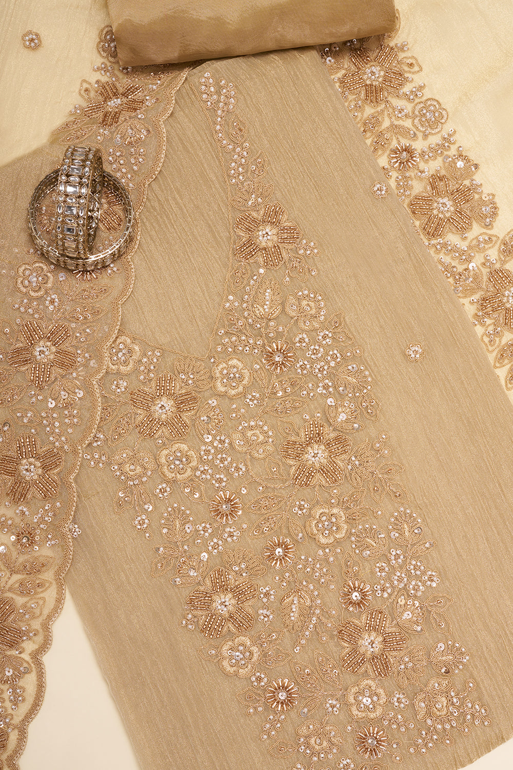 Beige Floral Embroidered Unstitched Dress Set
