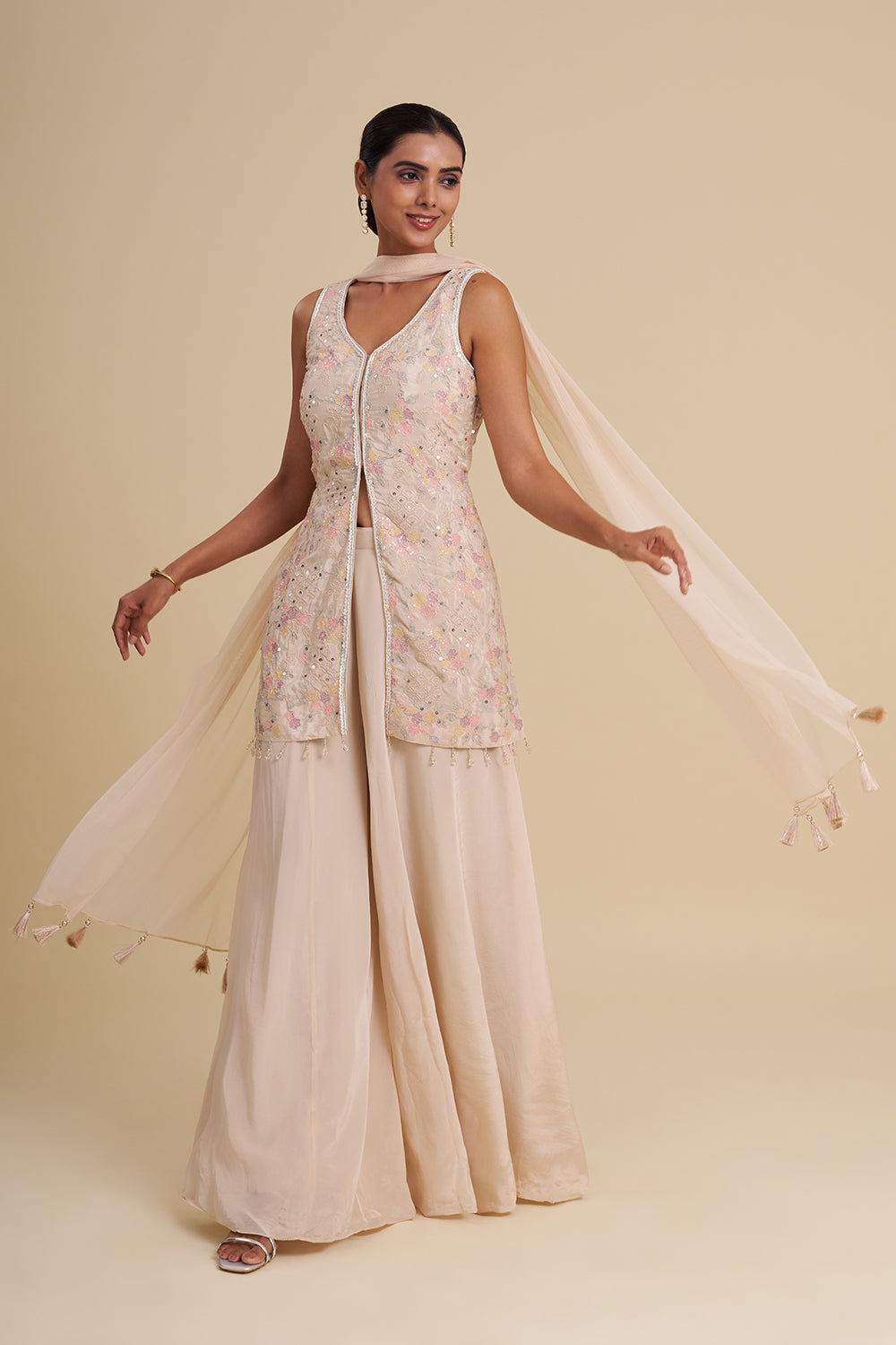 Beige Satin Organza Kurta Set with Floral Threadwork